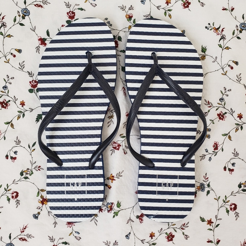 Navy Blue and White Stripe Gap Flip Flops